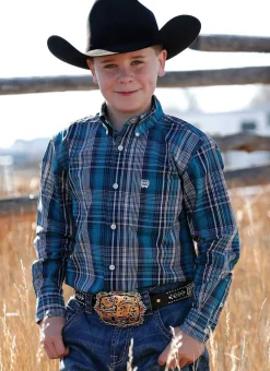 Boys Cinch Blue Teal Plaid Button-Down Shirt