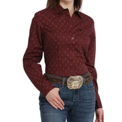 Cinch Geo Print Burgundy Long Sleeve Shirt