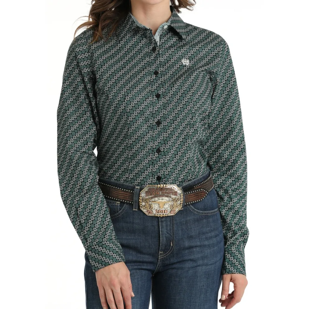 Cinch Medallion Print Teal Blue LS Shirt