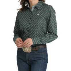 Cinch Medallion Print Teal Blue LS Shirt