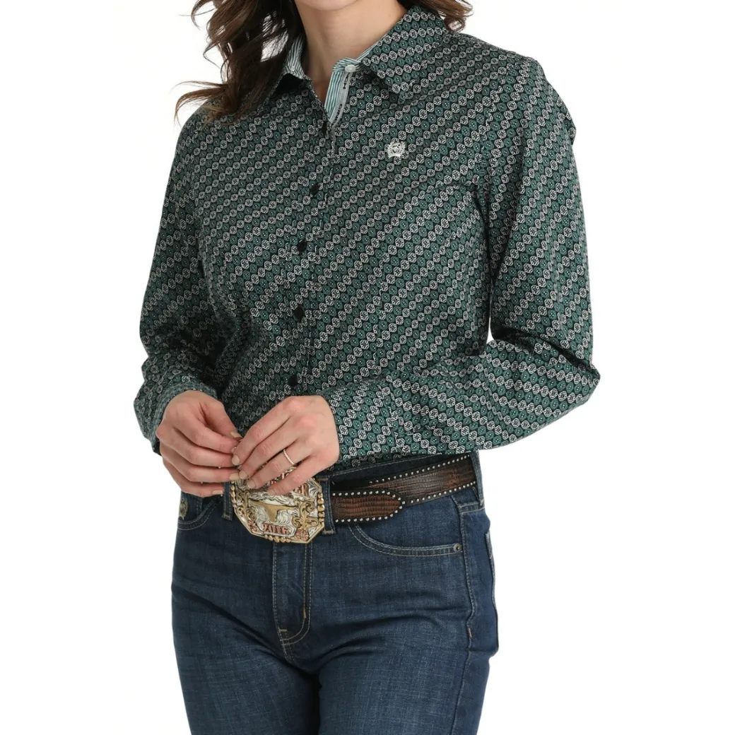 Cinch Medallion Print Teal Blue LS Shirt