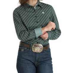 Cinch Medallion Print Teal Blue LS Shirt