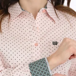 Cinch Pink Gingham Dot LS Performance Shirt