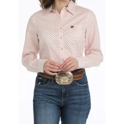 Cinch Pink Gingham Dot LS Performance Shirt