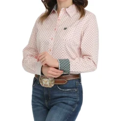 Cinch Pink Gingham Dot LS Performance Shirt