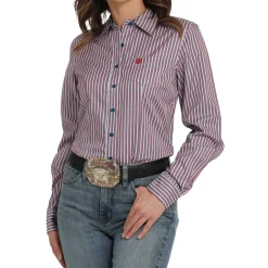 Cinch Tencel Red/Blue Stripe LS Shirt