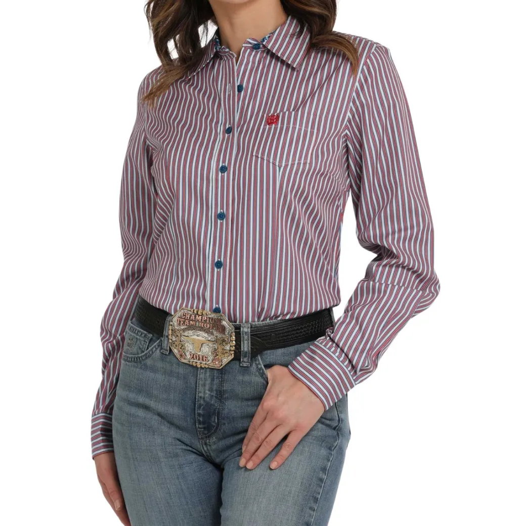 Cinch Tencel Red/Blue Stripe LS Shirt