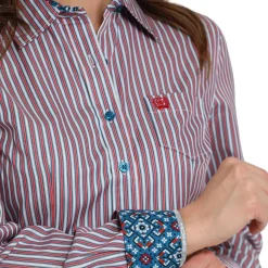 Cinch Tencel Red/Blue Stripe LS Shirt
