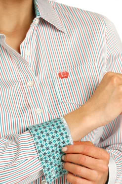 Cinch Tencel Teal/Coral Stripe LS Shirt