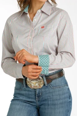 Cinch Tencel Teal/Coral Stripe LS Shirt