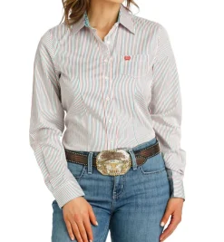 Cinch Tencel Teal/Coral Stripe LS Shirt
