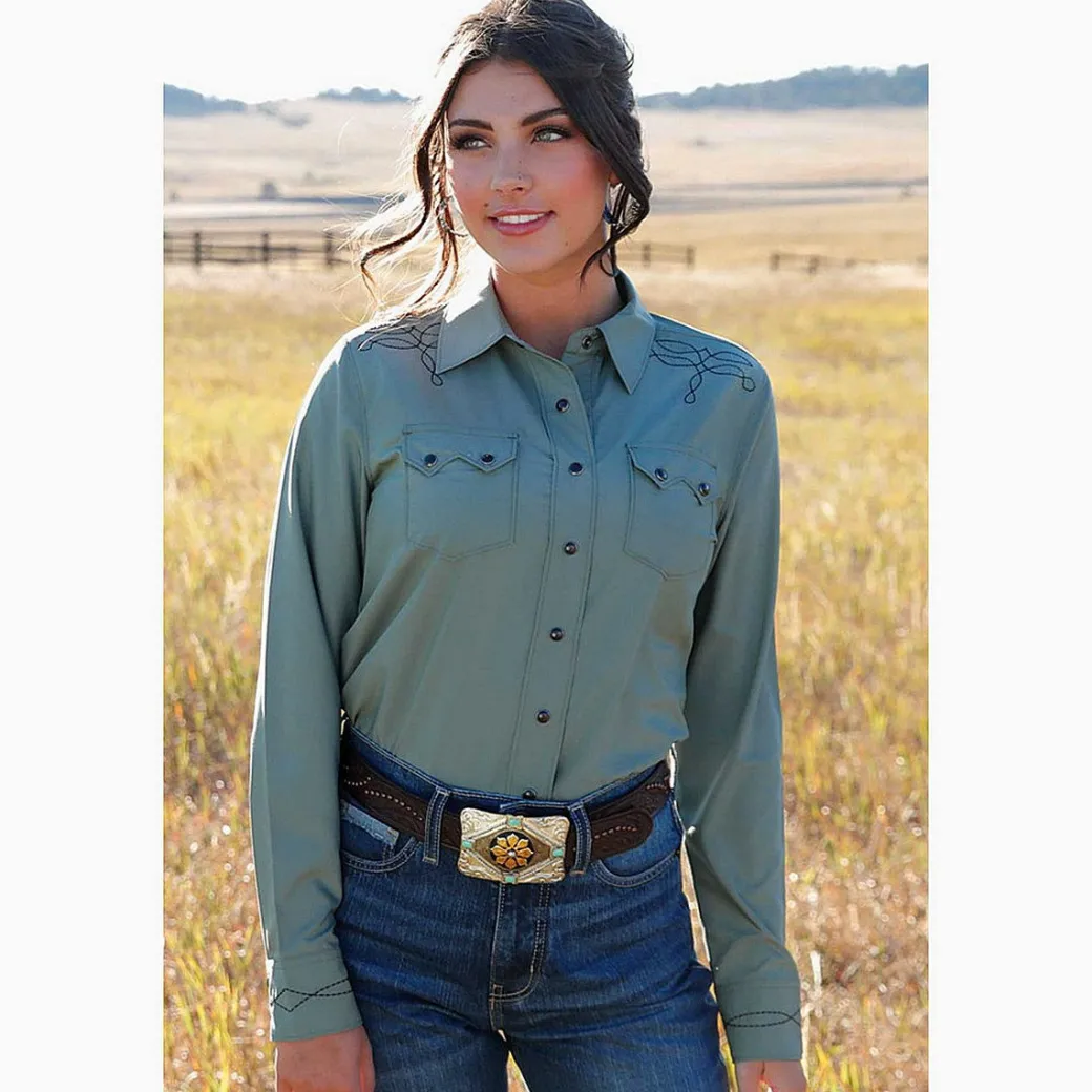 Cruel Denim Boot Stitch Green Snap Shirt