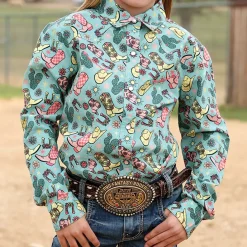 Girls Cruel Denim Western Print Gem Snap Shirt