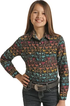 Girls Panhandle Colorful Horses Snap Shirt