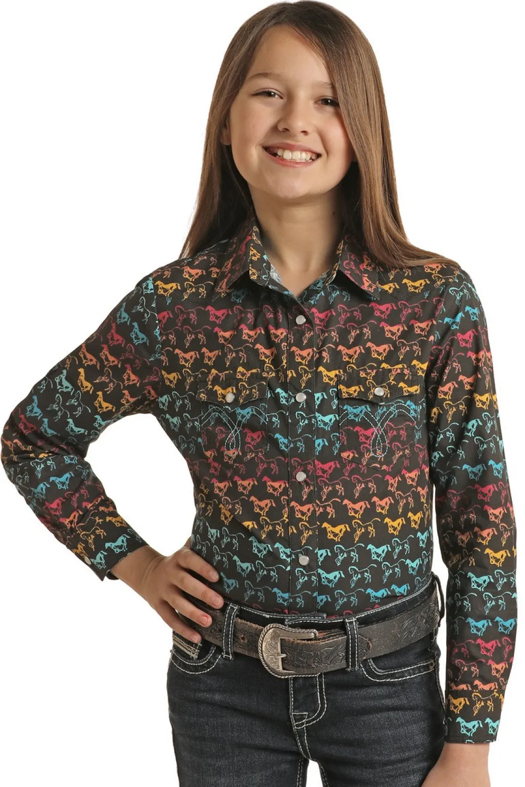 Girls Panhandle Colorful Horses Snap Shirt