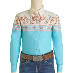 Girls Panhandle Turquoise Border Print Snap Shirt