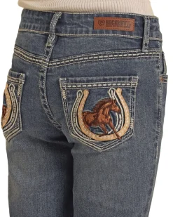 Girls Rock & Roll Denim Horse Embroidery Jeans