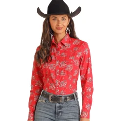 Panhandle Juniors Red Ranch Print Snap Shirt