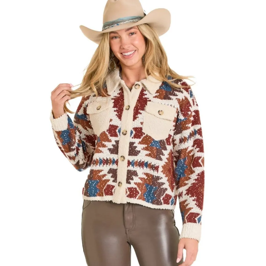Rock & Roll Denim Aztec Sherpa Trim Cardigan
