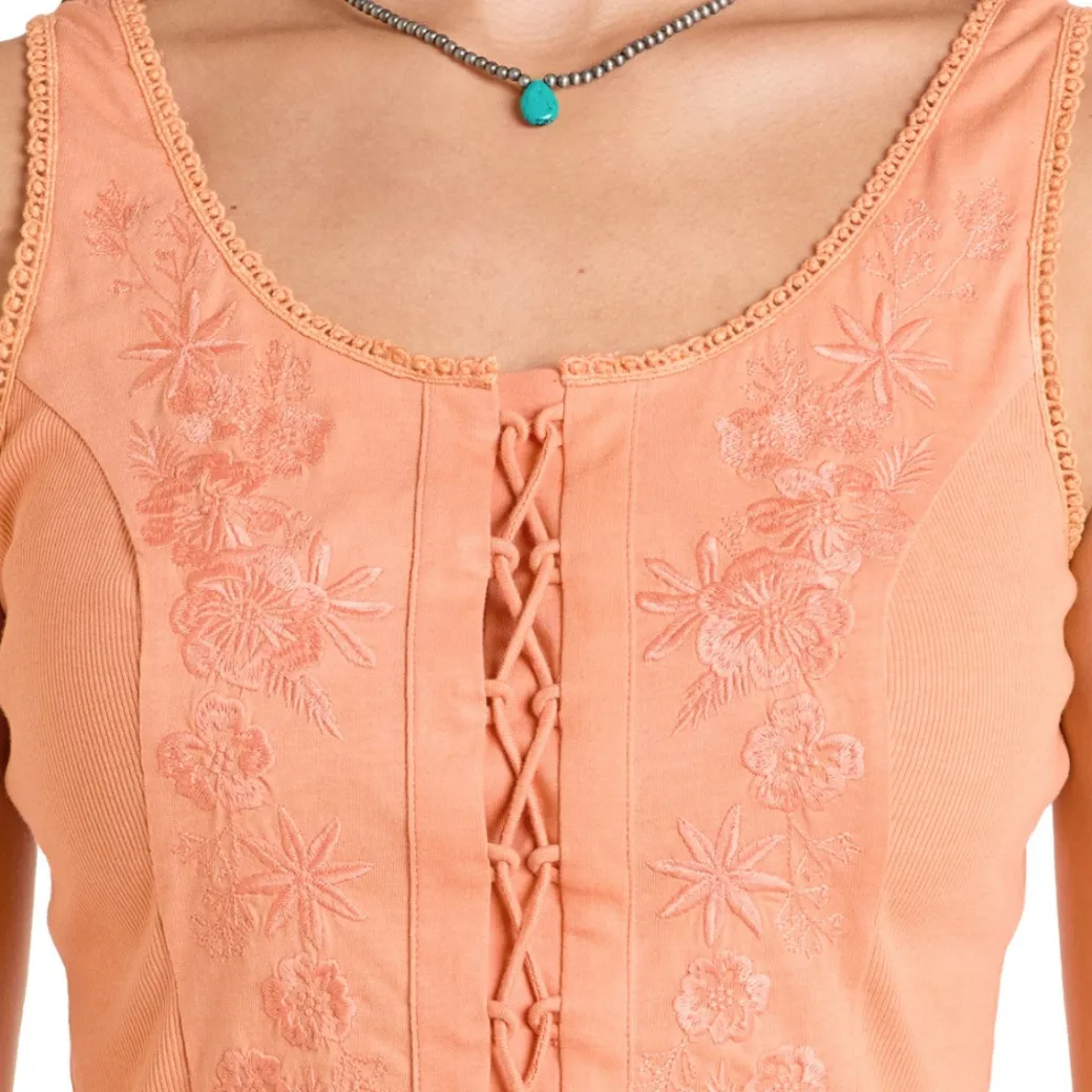 Rock & Roll Denim Embroidered Lace Up Tank