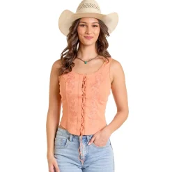 Rock & Roll Denim Embroidered Lace Up Tank