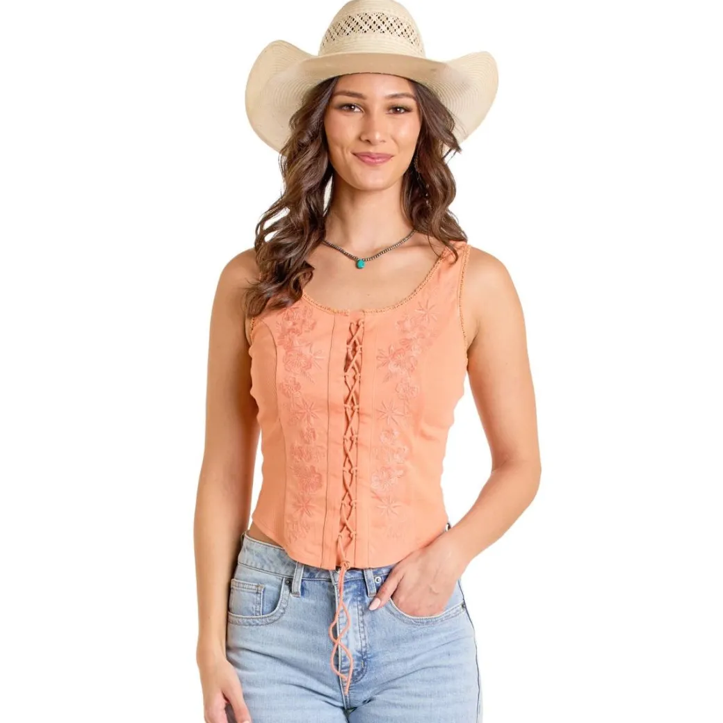 Rock & Roll Denim Embroidered Lace Up Tank