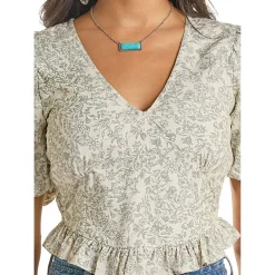 Rock & Roll Denim Floral Smocked Peplum Top