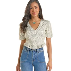 Rock & Roll Denim Floral Smocked Peplum Top