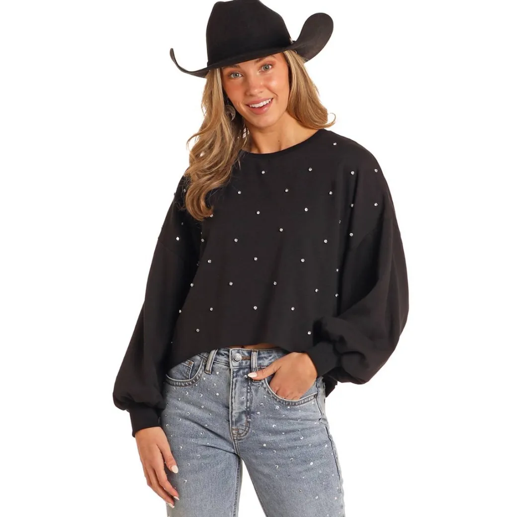 Rock & Roll Denim Rhinestone Pullover