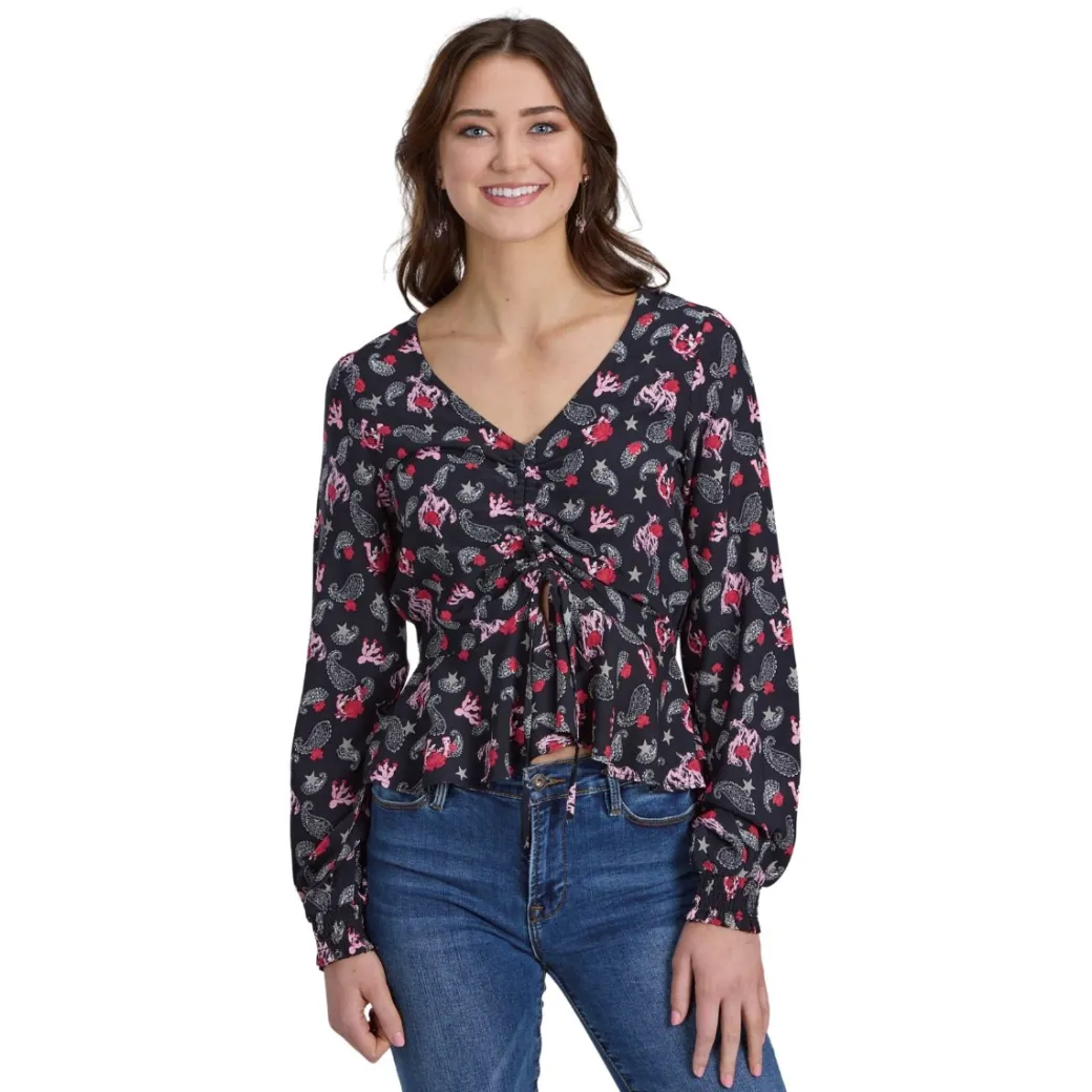 Roper Shirred Bronc Print Blouse