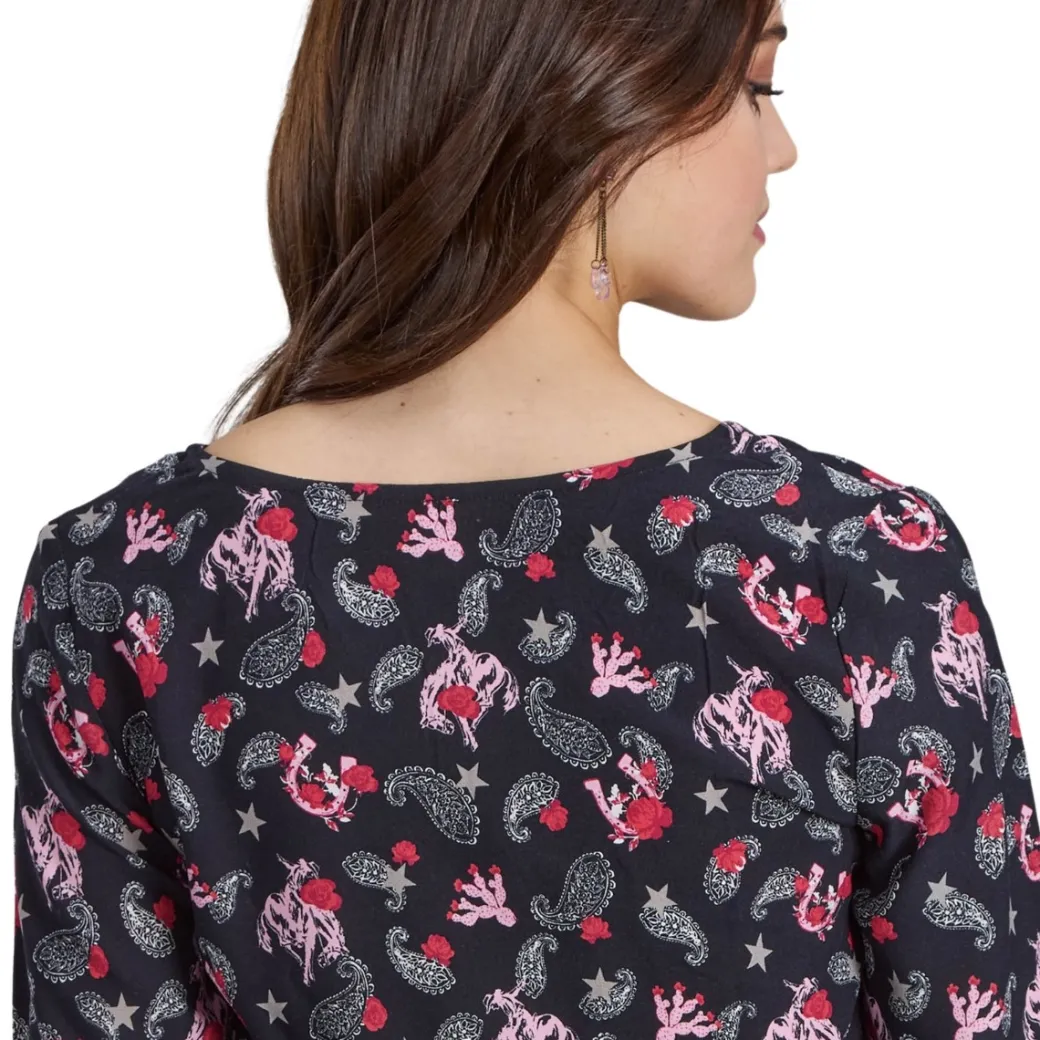Roper Shirred Bronc Print Blouse