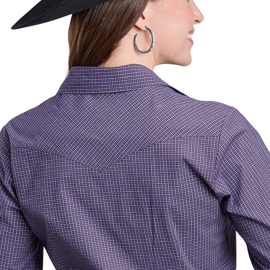 Roper V-Neck Stretch Purple Plaid LS Shirt