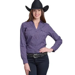 Roper V-Neck Stretch Purple Plaid LS Shirt