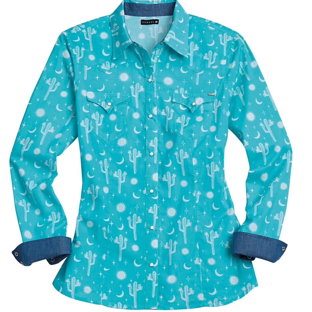 Tin Haul Aqua Cactus Print LS Shirt